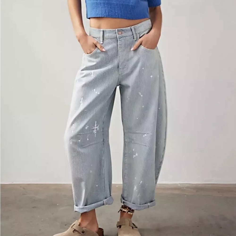 NWT Free People Lucky You mid rise stripe barrel jeans